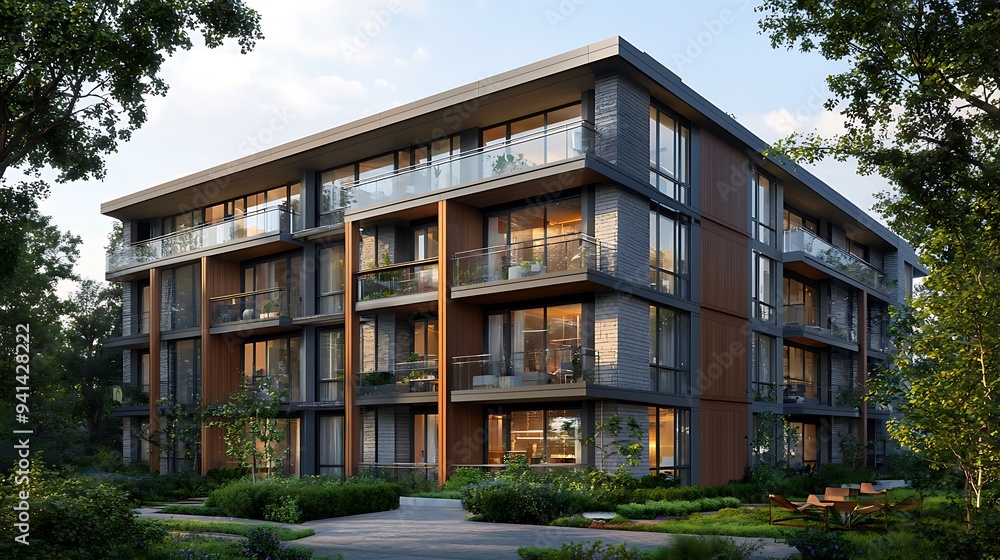 A modern apartment building with balconies set amidst lush greenery blends urban living with nature. A modern apartment building with balconies set amidst lush greenery blends urban living with nature.