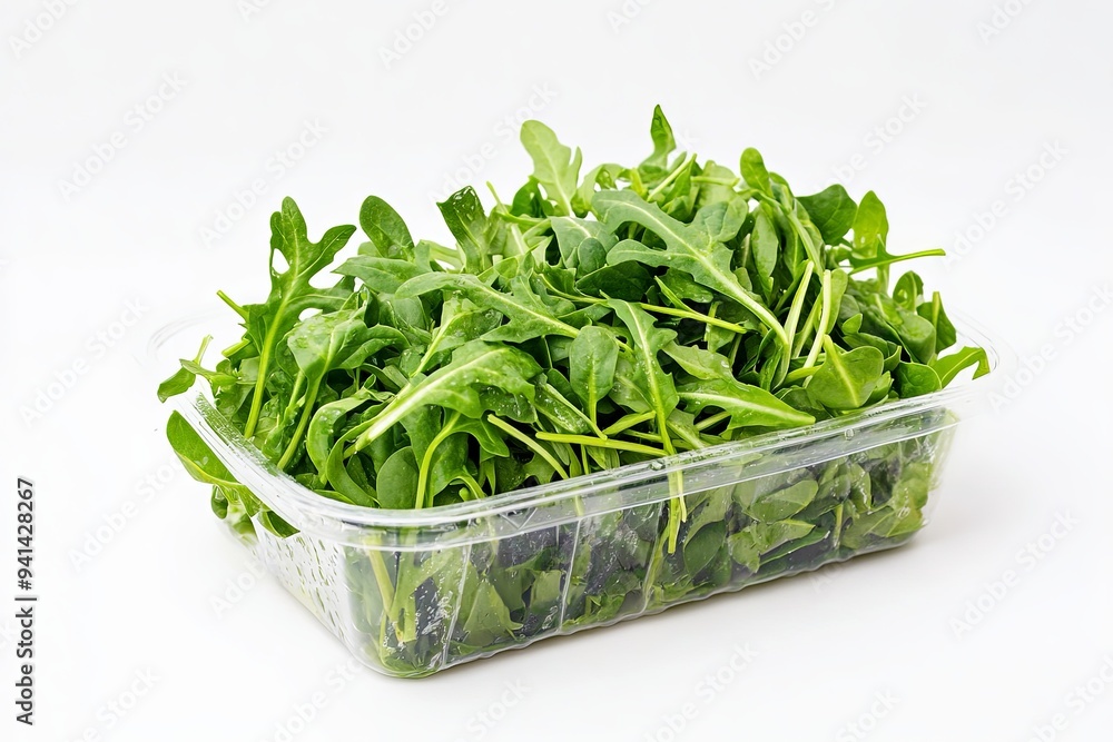 A clean and simple image of freshly washed organic greens including spinach and arugula in a clear plastic container, isolated on a white background, more clarity with clear light and sharp focus, A clean and simple image of freshly washed organic greens including spinach and arugula in a clear plastic container, isolated on a white background, more clarity with clear light and sharp focus,