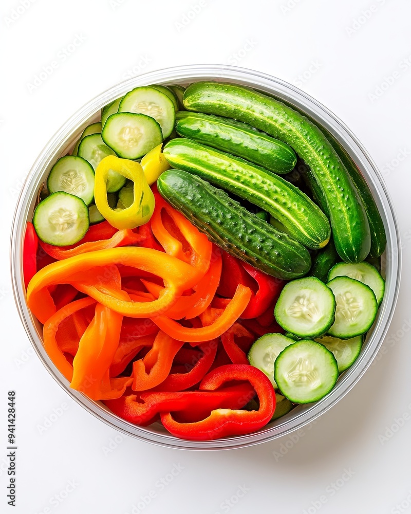 A flat lay of a round container filled with freshly cut raw vegetables like bell peppers A flat lay of a round container filled with freshly cut raw vegetables like bell peppers