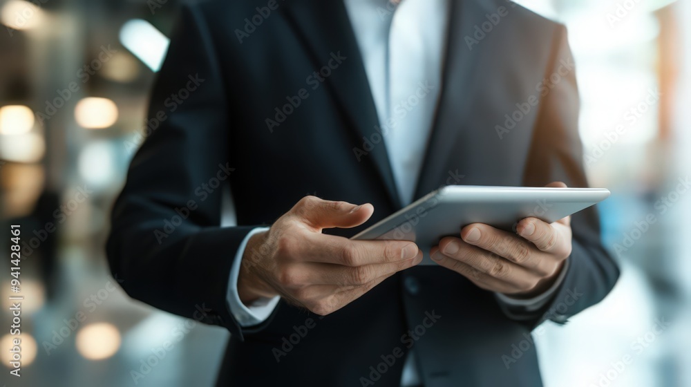Improving CRM, a businessman uses a digital tablet to manage customer relationships through network technology. Improving CRM, a businessman uses a digital tablet to manage customer relationships through network technology.