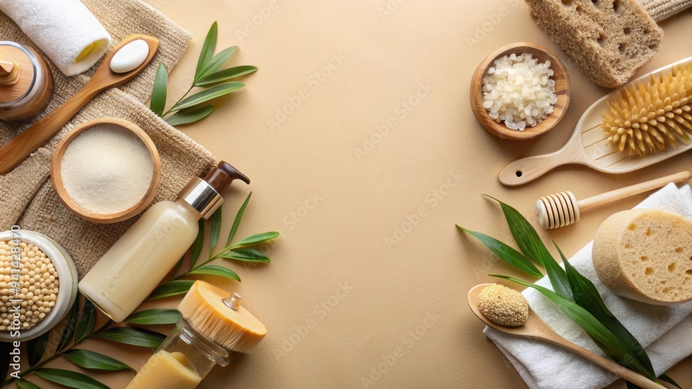 Natural homemade eco-friendly bathroom items for face and body care on beige background , zero waste Natural homemade eco-friendly bathroom items for face and body care on beige background , zero waste
