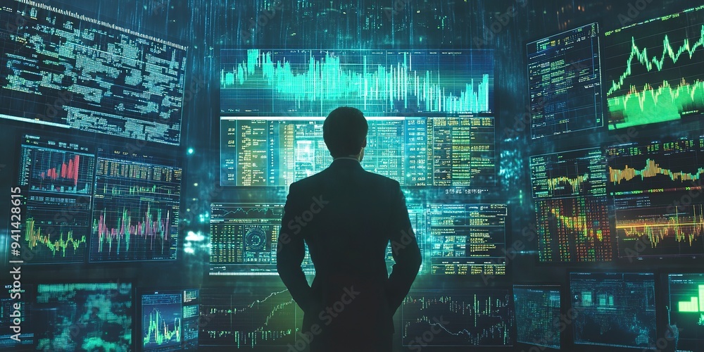 Man Surrounded by Screens Displaying Stock Market Graphs Man Surrounded by Screens Displaying Stock Market Graphs