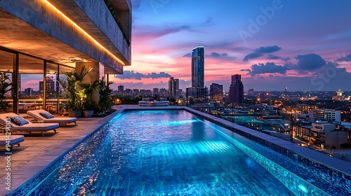 A rooftop infinity pool with a city skyline view at sunset creates a serene and luxurious retreat.