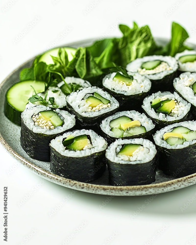 A beautifully arranged plate of vegan sushi rolls with avocado, cucumber, and seaweed, isolated on white background, more clarity with clear light and sharp focus, high detailed A beautifully arranged plate of vegan sushi rolls with avocado, cucumber, and seaweed, isolated on white background, more clarity with clear light and sharp focus, high detailed