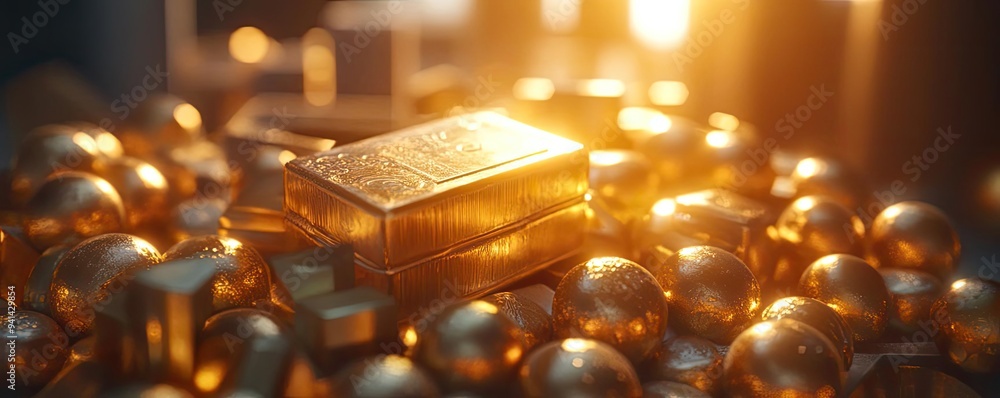 A stunning display of gold bars and spheres reflecting light, symbolizing wealth and luxury in a warm, inviting atmosphere. A stunning display of gold bars and spheres reflecting light, symbolizing wealth and luxury in a warm, inviting atmosphere.