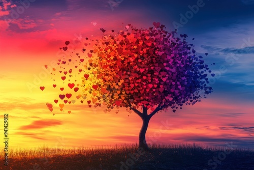 A Heart-Shaped Tree with a Colorful Sunset in the Background