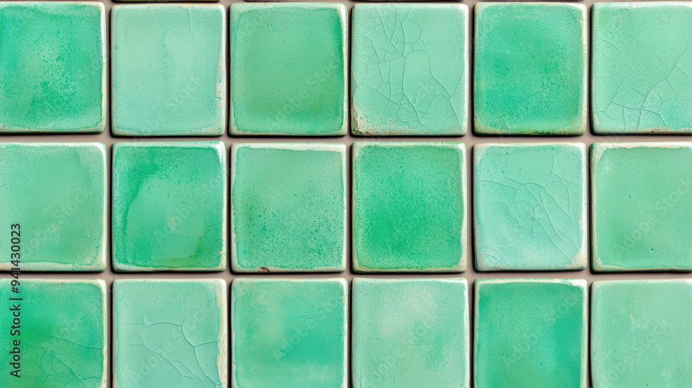 Close-up of green ceramic tiles with a slightly worn and cracked texture, forming an intricate and rustic pattern. Ideal for backgrounds or design projects. Close-up of green ceramic tiles with a slightly worn and cracked texture, forming an intricate and rustic pattern. Ideal for backgrounds or design projects.