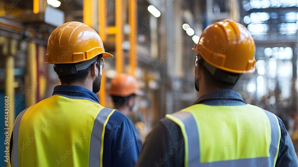 Workers in safety gear observing an industrial environment. Workers in safety gear observing an industrial environment.