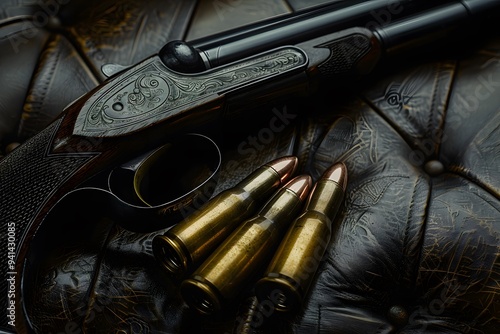 Elegant Shotgun and Ammunition on Luxurious Leather Background