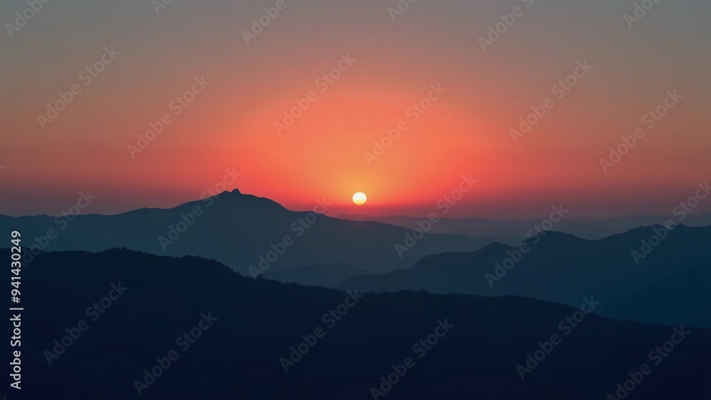 A minimalist silhouette of mountains at sunset, with a gradient sky transitioning from day to night A minimalist silhouette of mountains at sunset, with a gradient sky transitioning from day to night