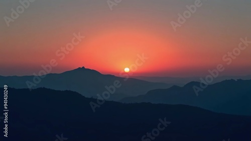 A minimalist silhouette of mountains at sunset, with a gradient sky transitioning from day to night