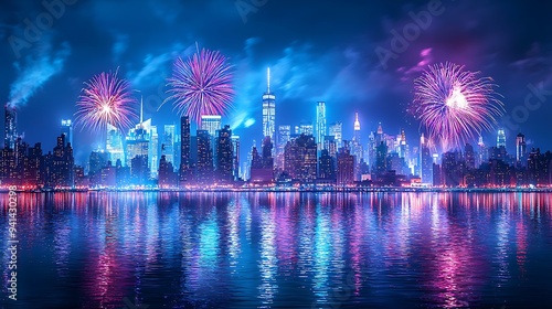 Fireworks burst over a city skyline at night, painting the sky with celebration and light.