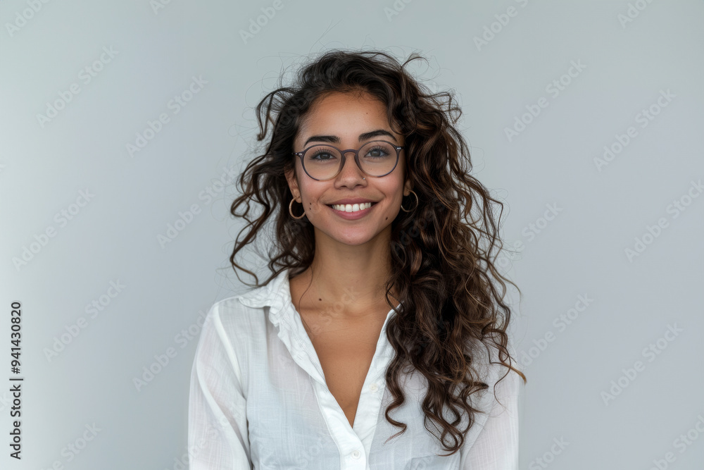A series of portraits features a smiling young Black woman with natural curls, highlighted against simple white backdrops.
