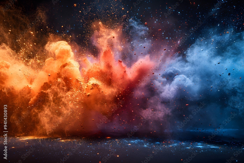 Obraz premium Vibrant Explosion of Colorful Dust Particles in Dark Background Abstract Art for Design, Print, and Posters