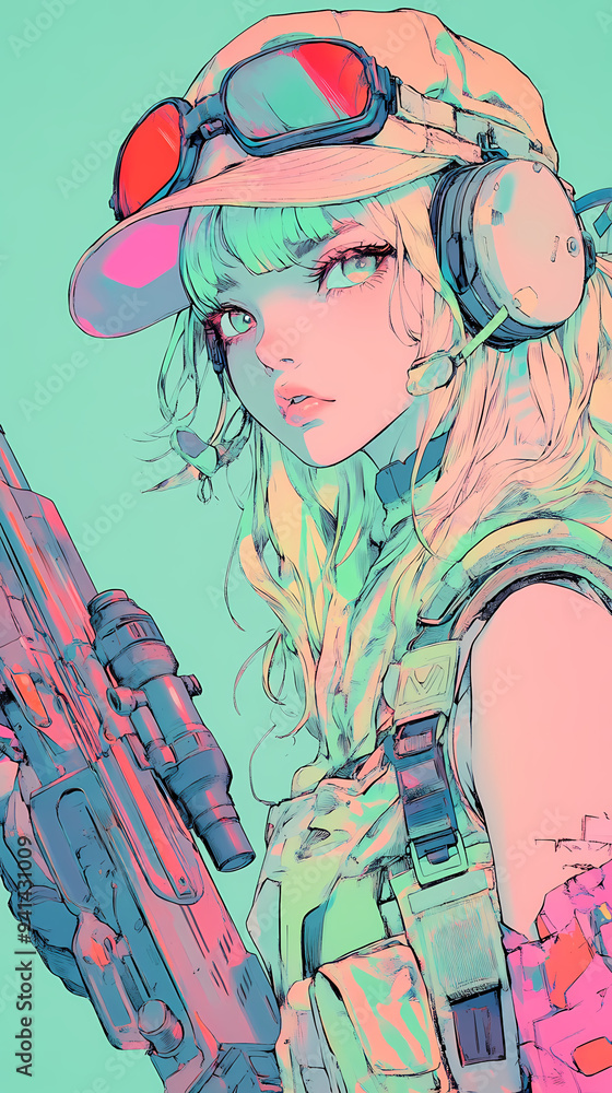Futuristic Anime Girl with Gun and Weapon Cyborg Synthwave Phone Wallpaper Futuristic Anime Girl with Gun and Weapon Cyborg Synthwave Phone Wallpaper