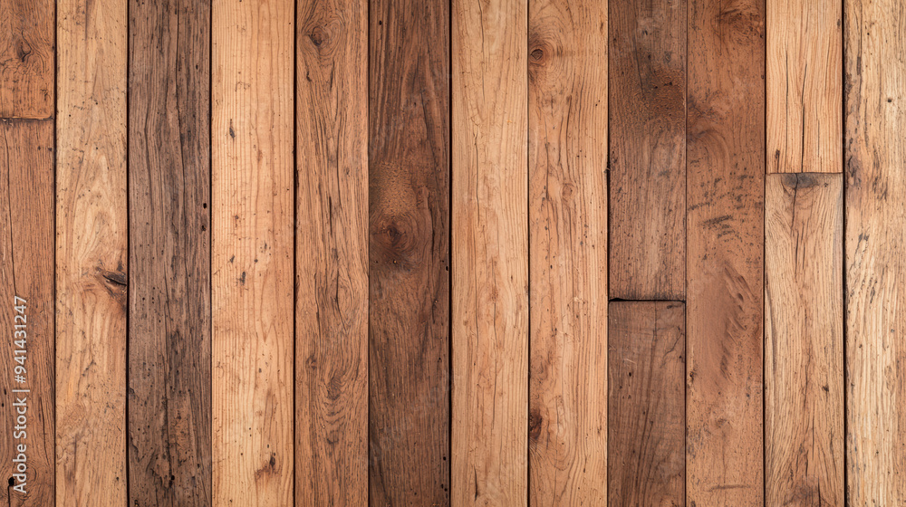Naklejka premium Close-up of rustic wooden planks with various shades and textures, showcasing natural wood grain patterns in a horizontal layout.