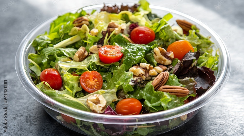 A clean, isolated image of a fresh, healthy salad with mixed greens, cherry tomatoes, and nuts in a round plastic container, more clarity with clear light and sharp focus, high detailed A clean, isolated image of a fresh, healthy salad with mixed greens, cherry tomatoes, and nuts in a round plastic container, more clarity with clear light and sharp focus, high detailed