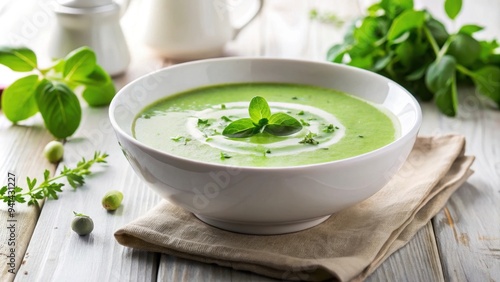 Creamy and nutritious watercress soup in a white bowl, vegetarian, healthy, green, vegetable, fresh, homemade, cuisine