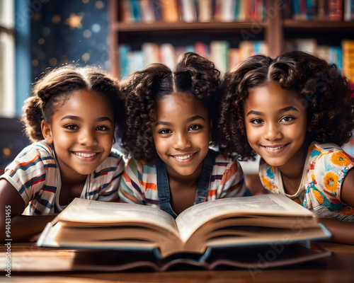 Three little cute girls reading a book in a library.