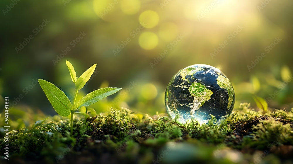 A globe resting on moss with young plants, symbolizing environmental awareness and growth. A globe resting on moss with young plants, symbolizing environmental awareness and growth.