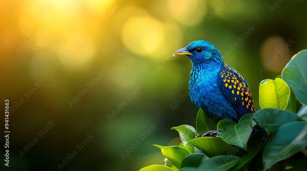 A blue bird with yellow spots sits on a leafy branch. The bird is perched on a leafy branch in a lush green forest A blue bird with yellow spots sits on a leafy branch. The bird is perched on a leafy branch in a lush green forest