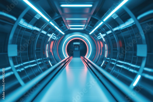 Futuristic tunnel with neon lights creating a sci-fi setting, perfect for themes of technology, innovation, and modern architecture.