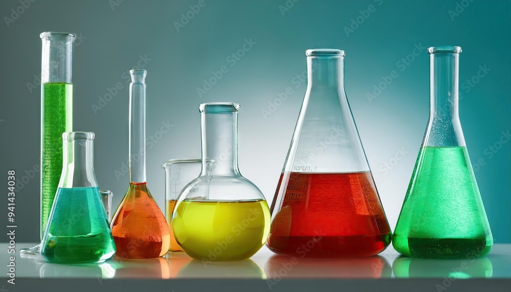 Group of laboratory flasks and beaker for experiment with color liquid in science laboratory Group of laboratory flasks and beaker for experiment with color liquid in science laboratory