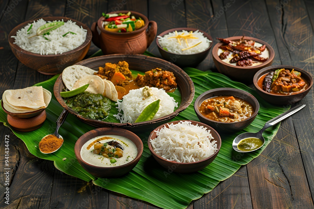 A vibrant Indian meal served on a banana leaf, showcasing various dishes and rice. A vibrant Indian meal served on a banana leaf, showcasing various dishes and rice.