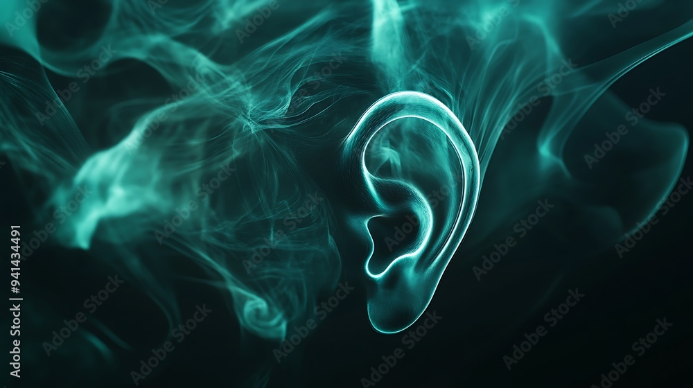 Ethereal Ear in Shimmering Teal Liquid - Abstract 3D Rendering with Mysterious Atmosphere Ethereal Ear in Shimmering Teal Liquid - Abstract 3D Rendering with Mysterious Atmosphere