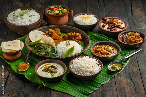 A vibrant Indian meal served on a banana leaf, showcasing various dishes and rice.