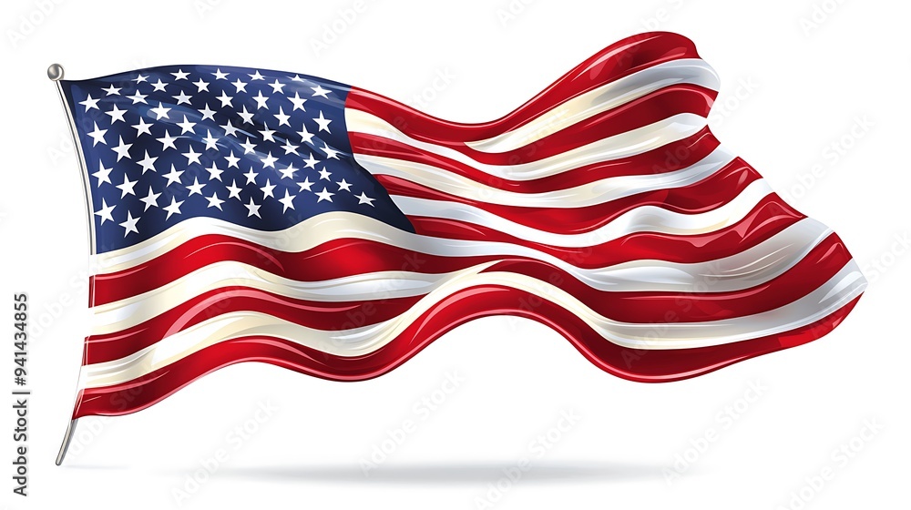 Obraz premium An American flag, isolated on a white background, waves in tribute to the nation it represents.