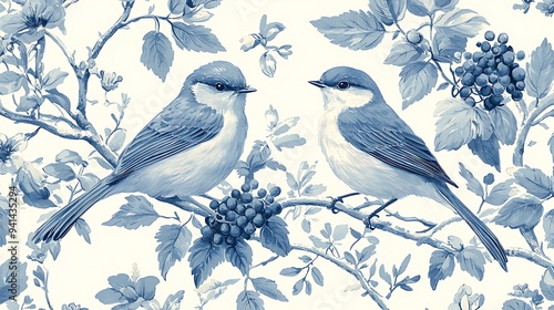 A bluebird couple perches on a branch with blueberries and leaves, their scene a vibrant ode to nature's harmony. photo