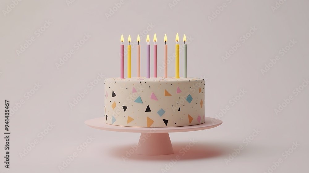 Minimalist 3D Render of Geometric Birthday Cake with Pastel-Colored Candles on White Background Minimalist 3D Render of Geometric Birthday Cake with Pastel-Colored Candles on White Background