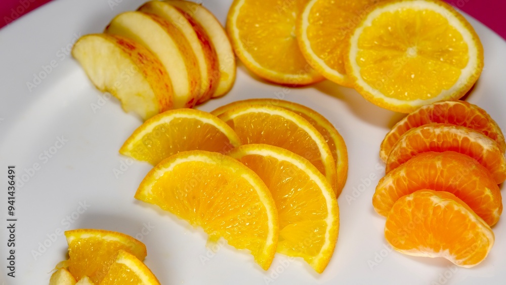 organic fresh orange, apple, malta decorated on white ceramic plate with close shot organic fresh orange, apple, malta decorated on white ceramic plate with close shot