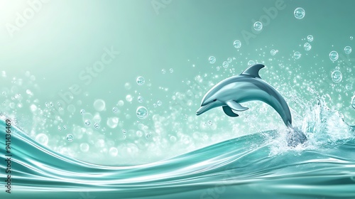 Wallpaper Mural Elegant Dolphin Podium in Emerald Green Wave Background for Product Showcase | 3D Rendering Illustration Torontodigital.ca