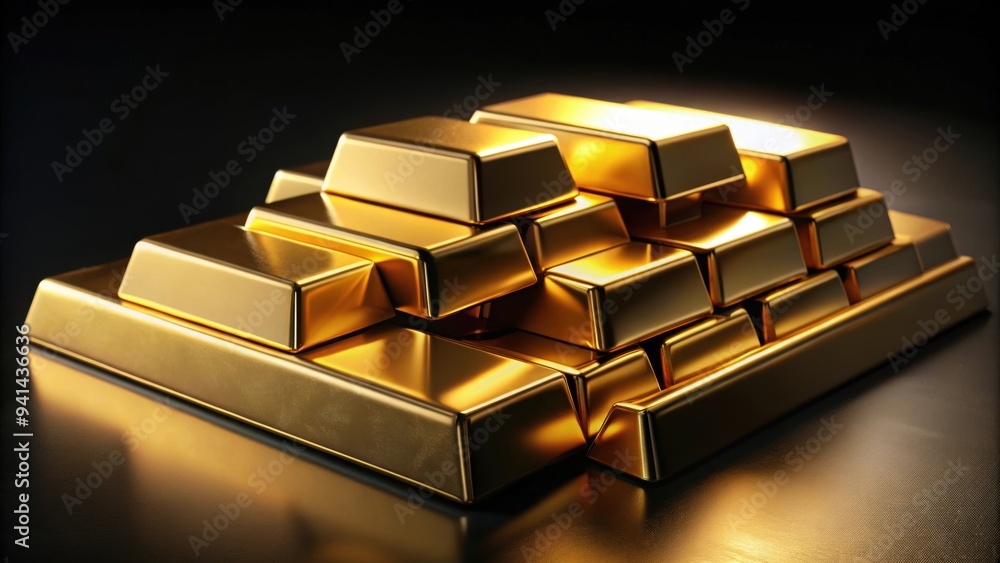 Gold bars shining on a black background in a rendering, wealth, investment, valuable, luxury, finance, bullion, treasure, precious