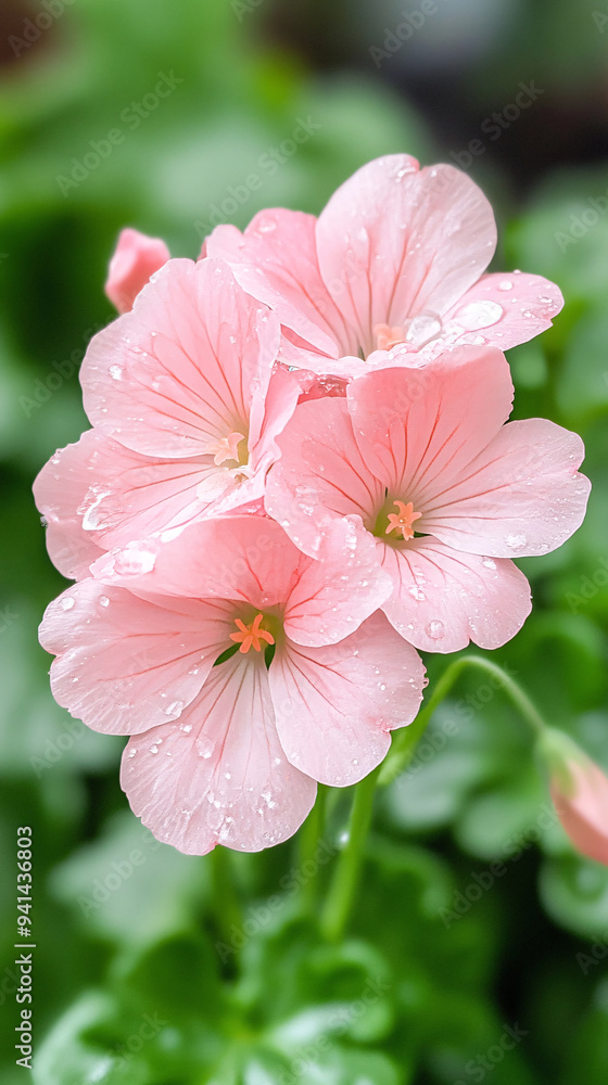 Close up of a pink flower with water droplets on it. The flower is surrounded by green leaves Close up of a pink flower with water droplets on it. The flower is surrounded by green leaves