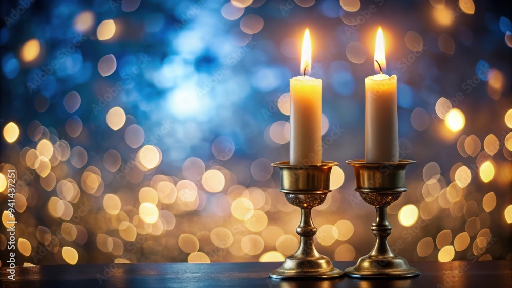 Two lit candles illuminating against a blurred early night background, perfect for a shabbat evening blessing ceremony Two lit candles illuminating against a blurred early night background, perfect for a shabbat evening blessing ceremony