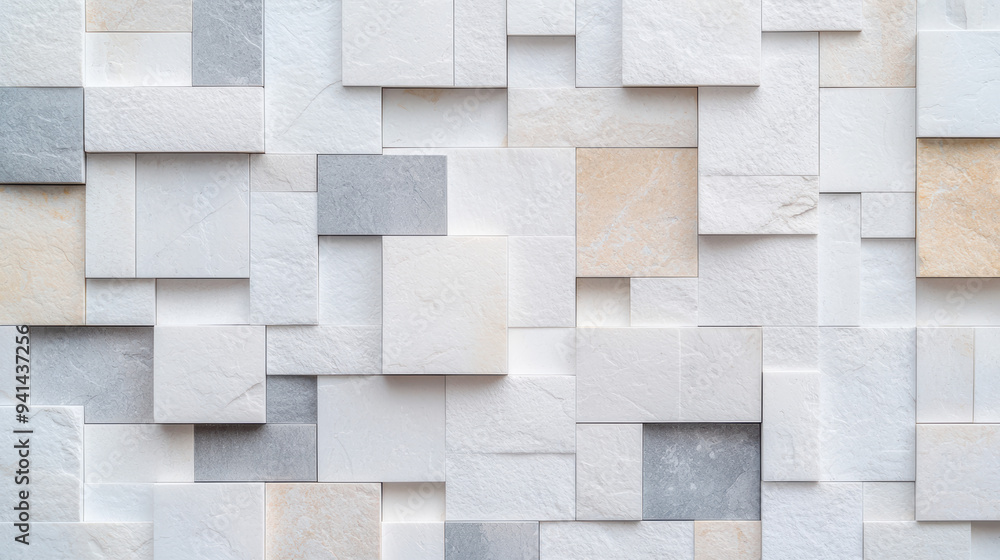 Modern abstract stone wall texture background with geometric mosaic pattern in shades of white, gray, and beige for design and decorative purposes. Modern abstract stone wall texture background with geometric mosaic pattern in shades of white, gray, and beige for design and decorative purposes.