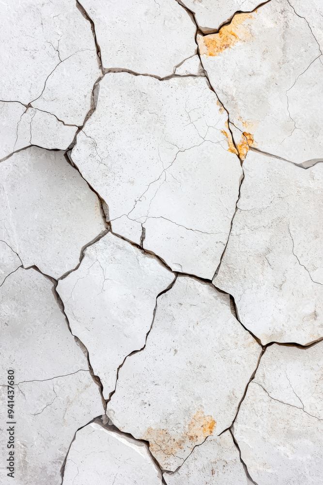 Obraz premium Close-up view of cracked and textured white concrete surface, highlighting natural patterns and aged appearance. Perfect for backgrounds and design projects.