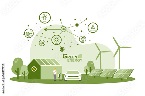 Caring for the environment and using clean green energy, Renewable energy sources net zero emission concept, Electric vehicle Technology, Wind power generator and Photovoltaics system industrial.