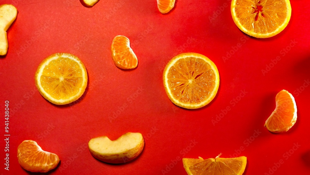 fresh organic fruits decorated with patterns on red background fresh organic fruits decorated with patterns on red background