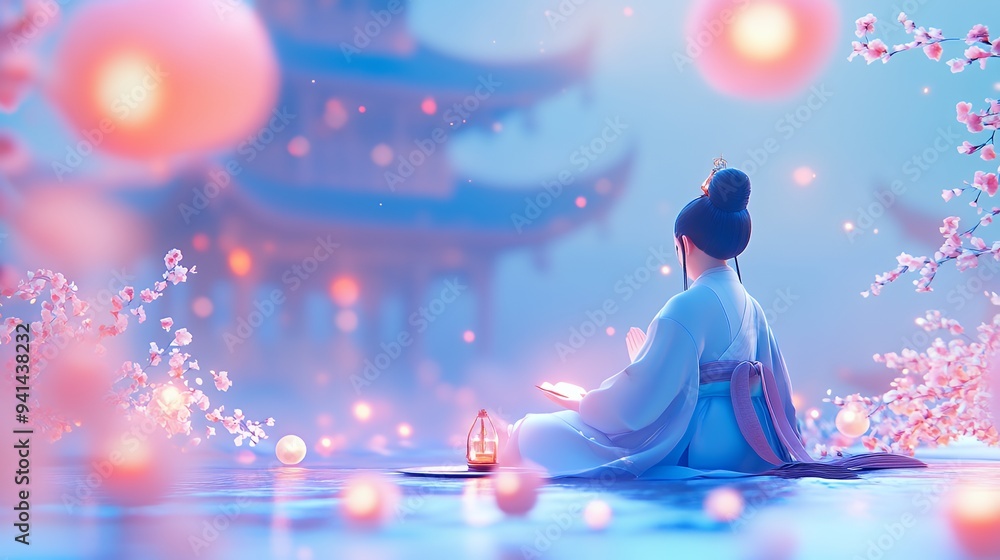 A serene scene of a woman in traditional attire meditating by a tranquil landscape with lanterns. A serene scene of a woman in traditional attire meditating by a tranquil landscape with lanterns.
