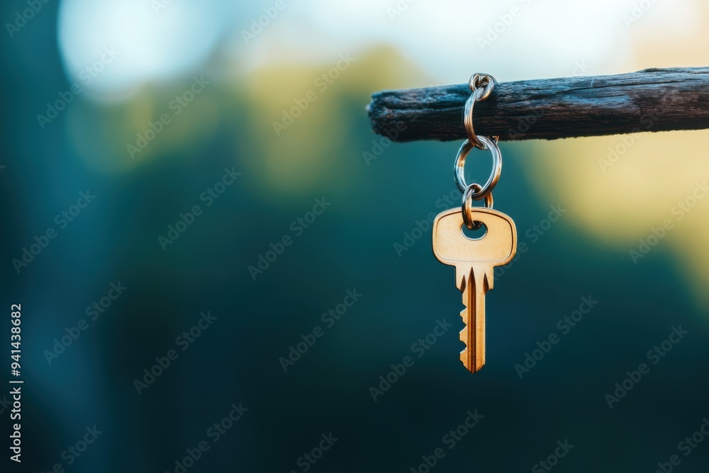 A single golden key hanging from a wooden stick against a blurred background, symbolizing access and security. A single golden key hanging from a wooden stick against a blurred background, symbolizing access and security.