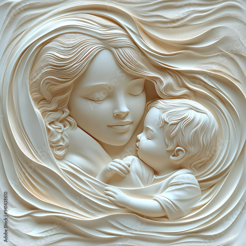 3D bas-relief of a mother and child close-up in vanilla and beige tones. A resource for advertising reproductive medicine centers, perinatal departments, a sketch, a template for creativity, creative 