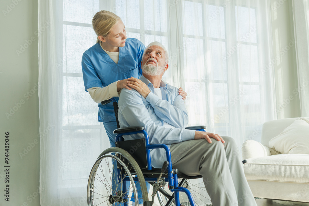 Help support retirement healthcare. Nurse helping old man in wheelchair. Patient and woman in nursing home for medical caregiver. Nurse taking care of paralyzed man in chair for people with disability Help support retirement healthcare. Nurse helping old man in wheelchair. Patient and woman in nursing home for medical caregiver. Nurse taking care of paralyzed man in chair for people with disability