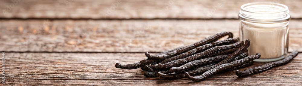 Vanilla beans and a jar of vanilla extract placed on rustic wooden background. Perfect for culinary and aromatic use s. Vanilla beans and a jar of vanilla extract placed on rustic wooden background. Perfect for culinary and aromatic use s.