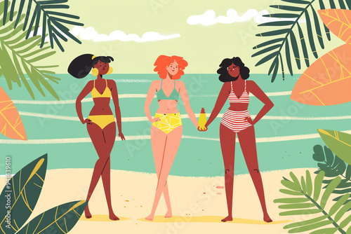 A cartoon illustration of a woman in a bikini enjoying a summer party on the beach photo