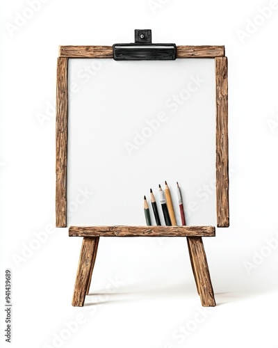 Empty s on an easel with colored pencils ready for creativity and artistic expression. photo