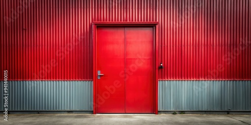 Mysterious red-hued steel door in industrial setting , mysterious, red, steel, door, industrial, atmosphere, grungy, urban